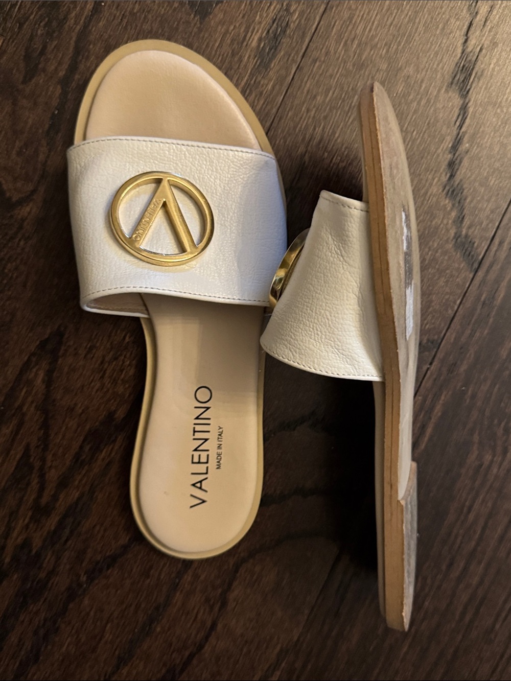 Valentino Cream Slide Sandals with Gold Logo Medallions - Picture 3 of 6